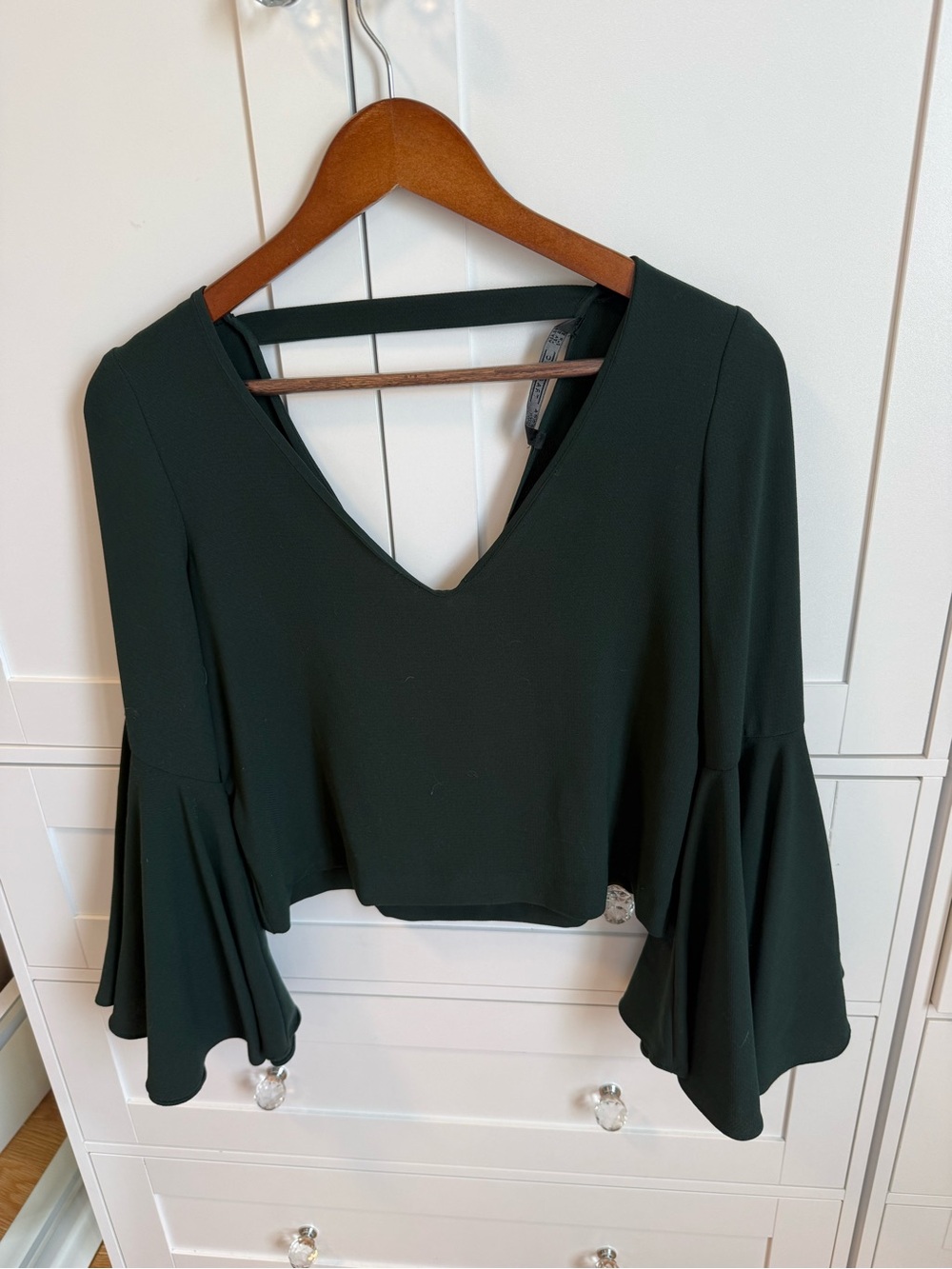 Zara Forest Green V-Neck Bell Sleeve Crop Blouse